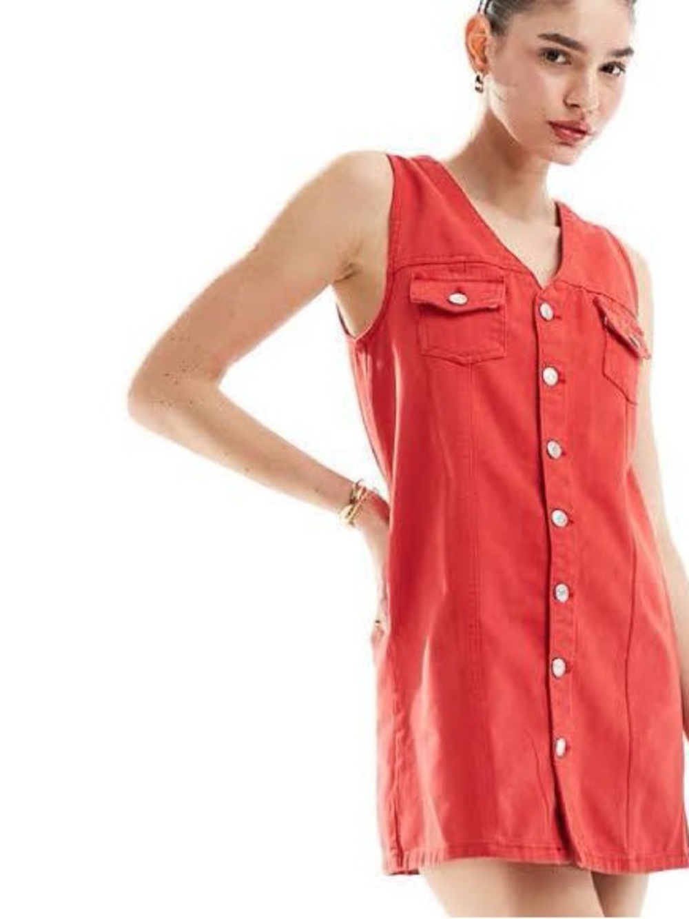 ASOS DESIGN Red Denim Vest Mini Dress Button Up Sz 14 (US 10)